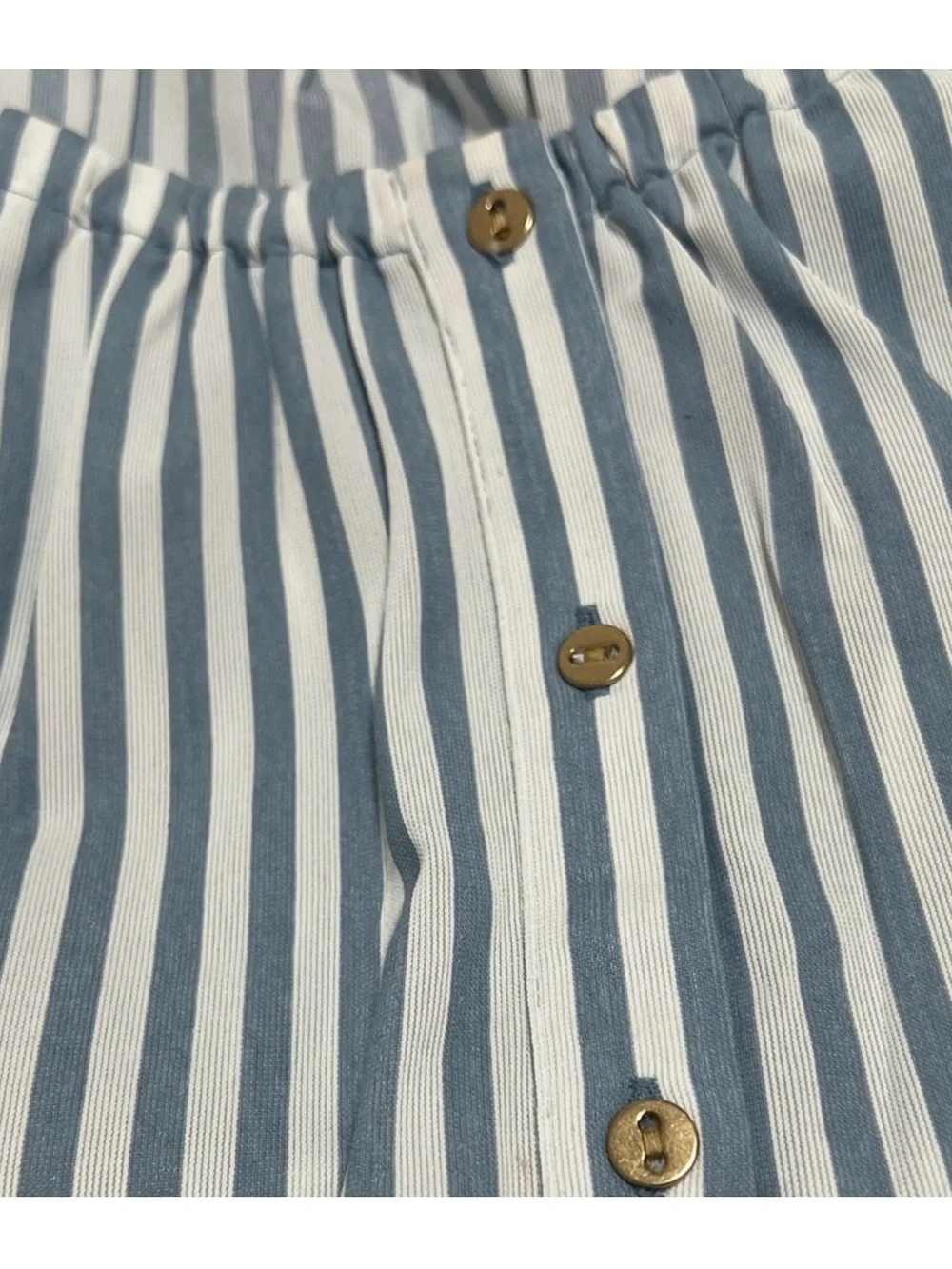 Ann Taylor Blue and White Striped Button-Front Puff Sleeve Top